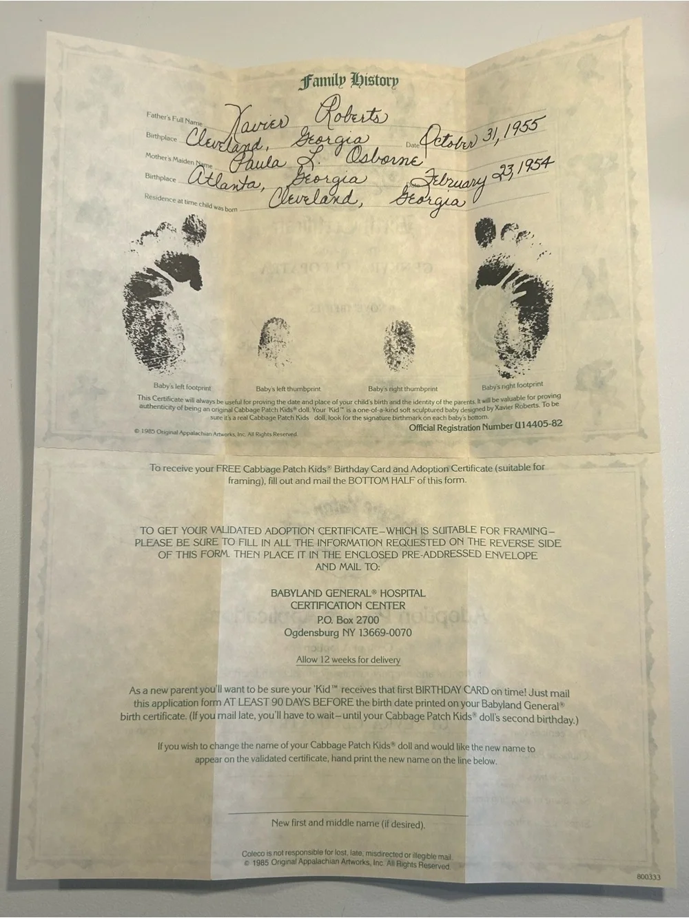 1985 Cabbage Patch Kids Genevra Cleopatra Doll Birth Certificate Adoption Papers - Picture 14 of 16